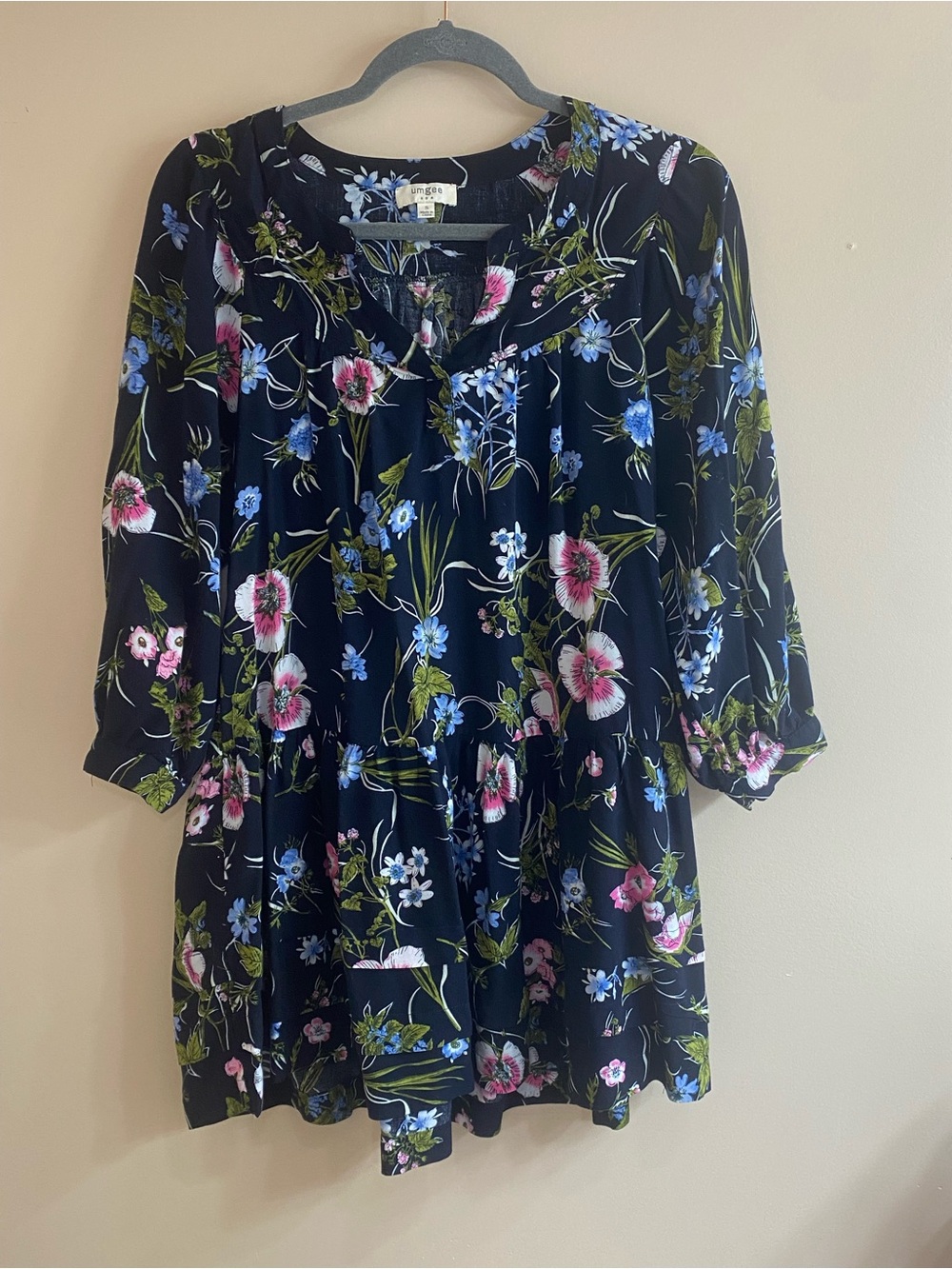 Umgee Black Floral Tunic with Pink & Blue Blooms